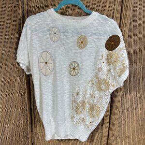 Vintage Carducci Sweater Sz L Novelty Knit Ivory Gold Lace Accent 80s